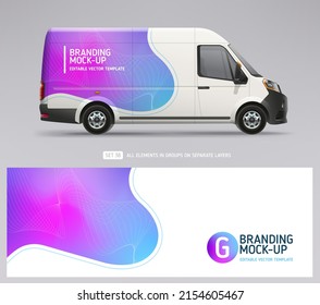 Editable Van Mock-up and wrap decal for livery branding design and corporate identity company. Abstract gradient background. Decal design for services van and racing car. Business flyer layout