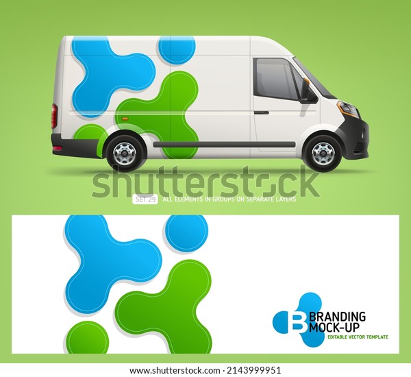 Editable\
Van Mock-up and wrap decal for livery branding design and corporate\
identity company. Abstract blue geometric graphics background.\
Decal design for services Van and Company\
Car