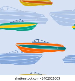 Editable Various Colors Side View American Bowrider Boats on Water Vector Illustration as Seamless Pattern for Creating Background of Transportation or Recreation Related Design svg