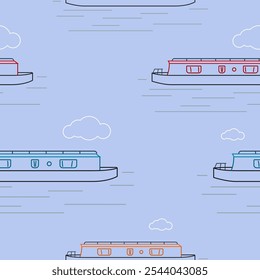Editable Various Colors Side View Outline Narrow Boat Vector Illustration with Clouds Seamless Pattern for Creating Background of Recreation Transportation of United Kingdom or Europe Related Design