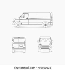 Editable Various Views of Cargo Delivery Van Vector Illustration with Outline Style for Artwork Elements of Transportation Vehicle or Shipping Business Related Design