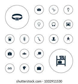 Editable vector accessory icons: luggage storage, baby cap, bag, paper clip, case, nurse hat, medical scissors, hat, mirror, bllade razor, necklace on white background.