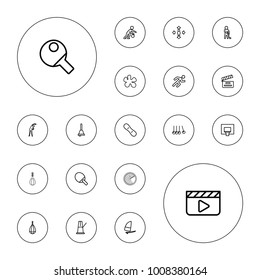 Editable vector action icons: exercising, man move, cradle, clapper board, paintball, ping pong racket, boxing bag, movie clapper, running, bell on white background.