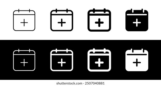 Vector editable para agregar un nuevo ícono de evento de calendario. Negro, estilo de línea, fondo blanco transparente. Parte de una gran familia de iconos. Perfecto para interfaces de Web y App, presentaciones, infografías, etc