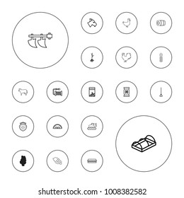 Editable vector agriculture icons: goat, barn, hoe, water hose, strawberry, bag with ground, sprout, greenohuse, seed bag, wheat, chicken, hay, tractor on white background.