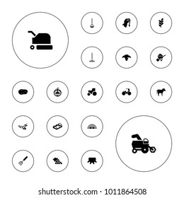 Editable vector agriculture icons: udder, tractor, construction, greenohuse, wheat, cow, goat, turkey, potato, peas, barn, grape, lawn mower, pitchfork on white background.