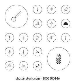 Editable vector agriculture icons: wheat, chicken, goat, shovel, hoe, garden tools, grape, corn, tractor, scarecrow, turkey, barn on white background.