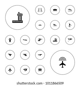 Editable vector aircraft icons: plane, plane landing, helicopter, airport, medical helicopter, military plane, runway on white background.