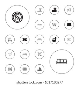 Editable vector airport icons: airport bus, pass control, sofa, cargo on cart, plane, luggage, no phone, ticket, truck with luggage, arrival table on white background.