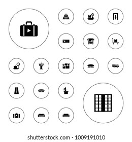 Editable vector airport icons: runway, luggage, luggage belt, metal gate detector, sofa, lugagge weight, airport, cargo on cart, ticket, plane seats on white background.