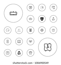 Editable vector alarm icons: bell, door ringer, intercom, wall clock, clock, alarm on white background.