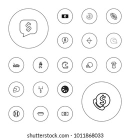 Editable vector american icons: money dollar, helmet, dollar sign in cloud, bank support, hot dog, baseball player, goal post, football uniform, baseball on white background.