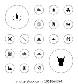 Editable vector ancient icons: castle, mosque, abacus, helmet, harp, musical pipe, sundial, catapult, canon ball, coliseum, pyramid, arch on white background.