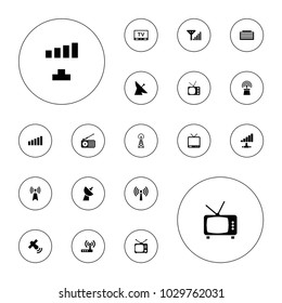 Editable vector antenna icons: signal tower, satellite, business center building, signal, tv, tv, router, mobile signal, transmitter on white background.