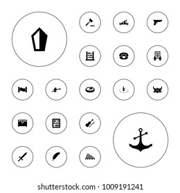 Editable vector antique icons: chest, holding document, abacus, sword, anchor, violin, desk phone, sundial, catapult, helmet, manuscript, cannon, gun on white background.