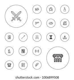 Editable vector antique icons: hourglass, greek column, castle, feather, abacus, tv, metronome, castle tower, sundial, knight, spear, cannon, manuscript on white background.