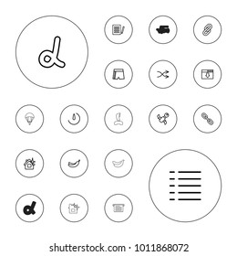 Editable vector app icons: banana, clean house, document, alpha, sport shorts, satellite, shuffle, menu, download cloud, link, stopwatch camera on white background.