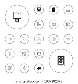 Editable vector app icons: finger on display, user, menu, sport shorts, mp3 player, shuffle, camera, calendar on phone, banana, pointer, square root on white background.