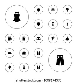 Editable vector apparel icons: sleeveless shirt, pants, jumpsuit, skirt, winter hat, jacket, tie, dress on white background.