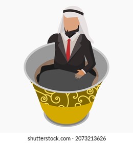 Editable Vector of Arab Businessman Relaxing in A Cup of Arabic Coffee for Business and Coffee Break Illustration With Arab Culture or Cafe Related Design