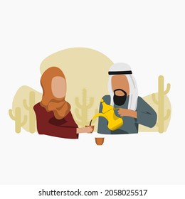 Editable Vector of Arab Man Pouring Arabic Coffee From Dallah Pot into Finjan Cup for His Wife Illustration for Islamic Moments or Arabian Culture Cafe and Family Related Design