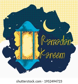 Editable Vector of Arabian Lantern and Crescent Moon on Night Scene Sky With Brush Strokes Style for Ramadan Kareem Illustration