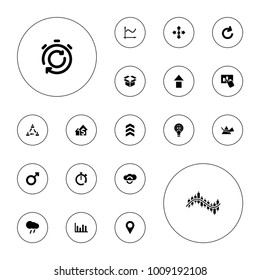 Editable vector arrow icons: location, arrow up, communication, chart, hand on graph, cloud sync, reload, globe download, thunderstorm, arrow, stopwatch on white background.
