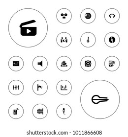 Editable vector audio icons: gramophone, panel control, microphone, mp3 player, megaphone, musical instrument, speaker, cd, sliders, equalizer, earphones on white background.