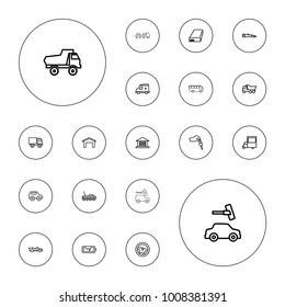 Editable vector auto icons: garage, toy car, car wash, truck, wheel, van, ambulance, cabriolet, battery, broken battery, hand with key, airport bus on white background.