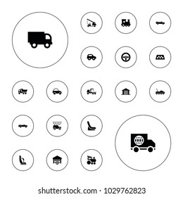 Editable vector automobile icons: taxi, toy car, train toy, baby seat in car, truck, truck with hook, cabriolet, garage on white background.