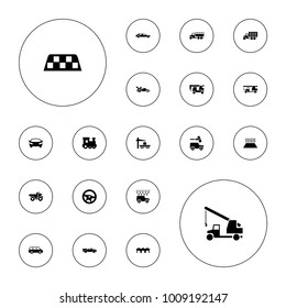 Editable vector automobile icons: train toy, truck with hook, wheel, car, cabriolet, garage, heating system in car, taxi, car wash, truck on white background.