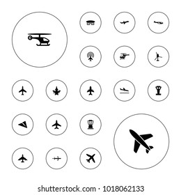 Editable vector aviation icons: plane, airport tower, plane landing, helicopter, paper plane, medical helicopter on white background.