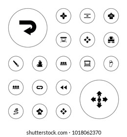 Editable vector back icons: chair, back arrow, move, apple on book, booty fitness, swing, arrow, luggage compartment in airplane, curved arrow, man move on white background.