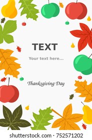 Editable Vector Background with Bright Colored Various Fruits and Autumn Leaves Illustration for Thanksgiving Day