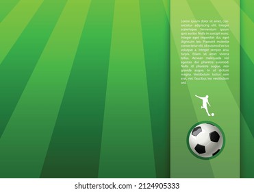 An editable vector background with green soccer field, soccer ball, soccer player and text area