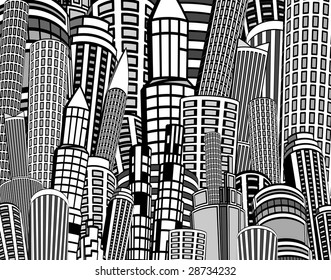 Editable vector background illustration of a cartoon city