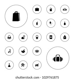Editable vector bag icons: man with luggage, lugagge weight, spa bag, dollar, bucket, case, trash bin, suitcase, luggage, backpack, money sack on white background.