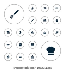 Editable vector bakery icons: cake with one candle, bread, piece of cake, muffin, sweet box, pie, chef hat, corolla, dough pin, cake, bread slices on white background.
