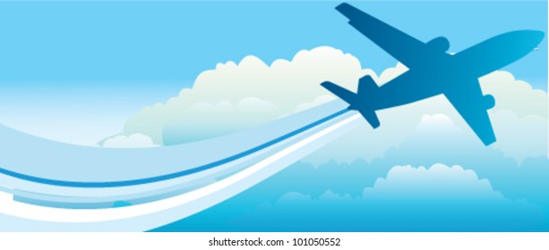 Editable vector banner of blue flying plane