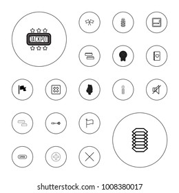 Editable vector banner icons: flag, wheat, smoking area, child building kit, cancel, notebook with heart, no sound, open, electric circuit, jackpot, plus on white background.