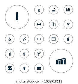 Editable vector bar icons: soap, bottle, ice cream on stick, chart, graph, cocktail, line chart, browser window, drink, wine glass and bottle, barbell on white background.