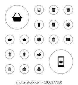Editable vector basket icons: trash bin, shopping basket, online shopping, basketball, shopping bag, bucket, basketball basket on white background.