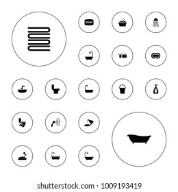 Editable vector bath icons: soap, soap, shower, toilet, bucket, bath, towels, cloth hanging, laundry on white background.