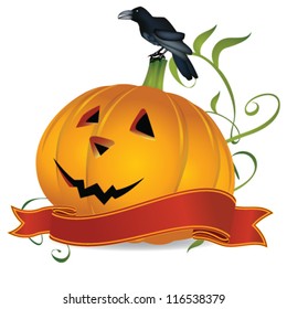 Editable vector beautiful Halloween pumpkin with black crow