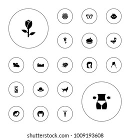 Editable vector beautiful icons: leaf, sunflower, rose, baby, hairstyle, woman hat, dancing woman, kite, wolf, goose, butterfly, woman hairstyle on white background.