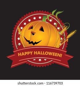 Editable vector beautiful red label with Halloween pumpkin on black background