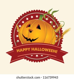 Editable vector beautiful red label with orange Halloween pumpkin