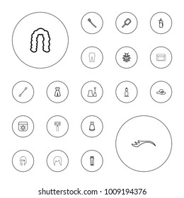 Editable vector beauty icons: mirror, hairstyle, flower, nail polish, woman hat, cotton buds, candle, woman pants, dress, ladybug, tooth brush, cream box on white background.