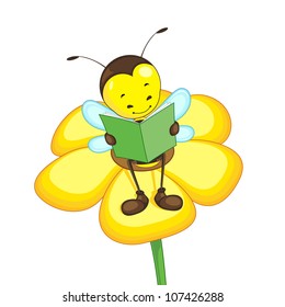 Editable vector bee reading on a flower