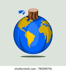 Editable Vector of Beheaded Tree Trunk on Earth Globe as Human-like Object Illustration for Earth Day Campaign or Natural Disaster and Green Life Environment Related Design